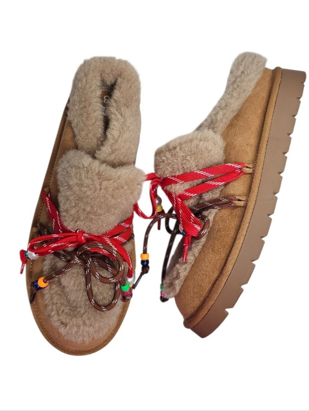No Boundaries Tan Suede Shearling-Trim Mule with Red Laces